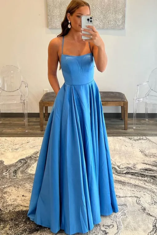 Spaghetti Straps A Line Satin Red Prom Dress with Pockets