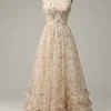 Spaghetti Straps Apricot Print Prom Dress with Slit