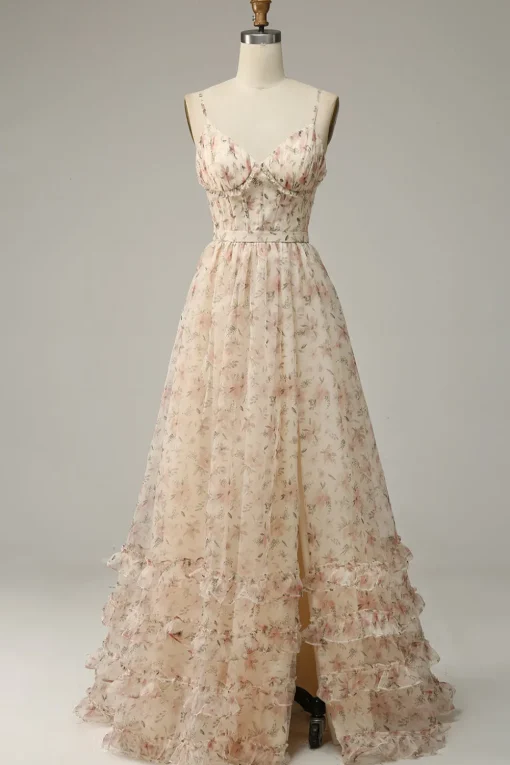 Spaghetti Straps Apricot Print Prom Dress with Slit