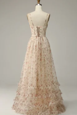 Spaghetti Straps Apricot Print Prom Dress with Slit
