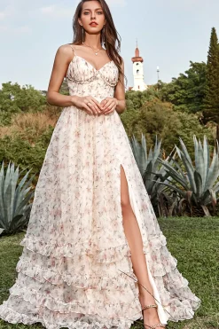 Spaghetti Straps Apricot Print Prom Dress with Slit