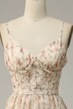 Spaghetti Straps Apricot Print Prom Dress with Slit