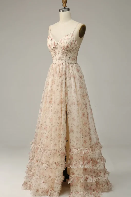 Spaghetti Straps Apricot Print Prom Dress with Slit