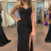 Spaghetti Straps Beaded Black Appliques Mermaid Long Prom Dress with Slit