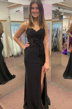 Spaghetti Straps Beaded Black Appliques Mermaid Long Prom Dress with Slit