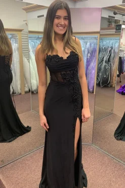 Spaghetti Straps Beaded Black Appliques Mermaid Long Prom Dress with Slit