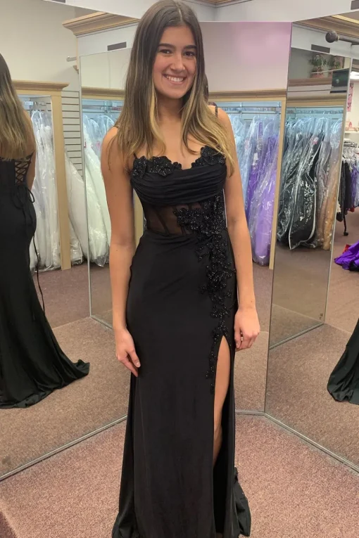Spaghetti Straps Beaded Black Appliques Mermaid Long Prom Dress with Slit
