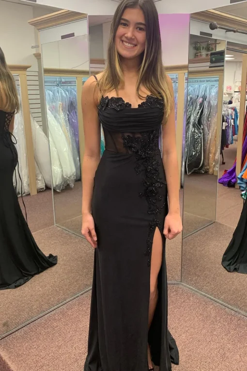 Spaghetti Straps Beaded Black Appliques Mermaid Long Prom Dress with Slit