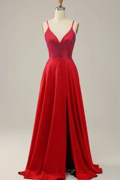 Spaghetti Straps Beaded Red Prom Dress with Slit
