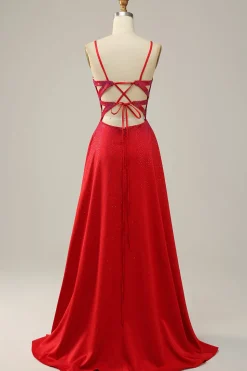 Spaghetti Straps Beaded Red Prom Dress with Slit
