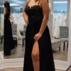 Spaghetti Straps Black Corset Prom Dress with Slit
