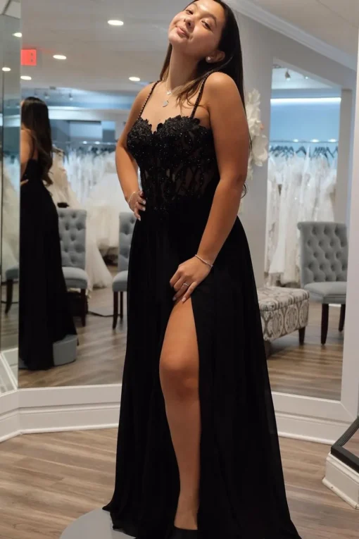 Spaghetti Straps Black Corset Prom Dress with Slit