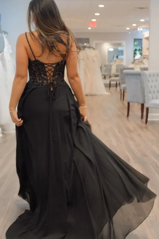 Spaghetti Straps Black Corset Prom Dress with Slit