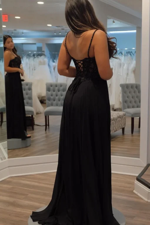 Spaghetti Straps Black Corset Prom Dress with Slit