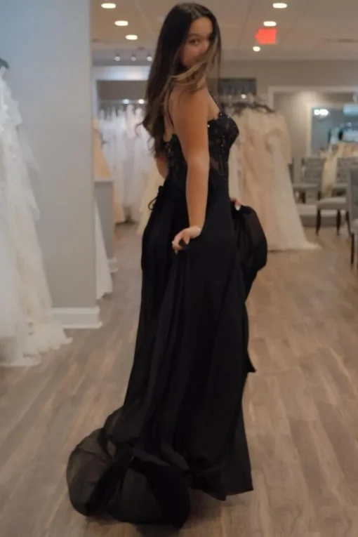 Spaghetti Straps Black Corset Prom Dress with Slit