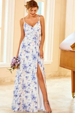 Spaghetti Straps Blue Floral Print Bridesmaid Dress