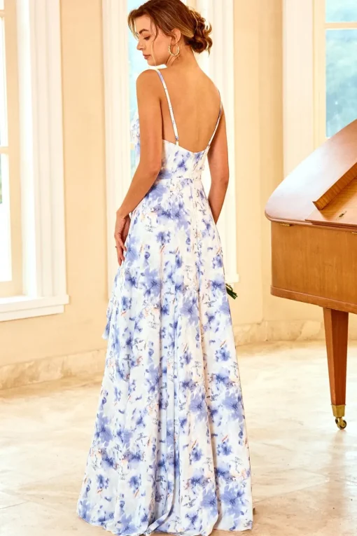 Spaghetti Straps Blue Floral Print Bridesmaid Dress