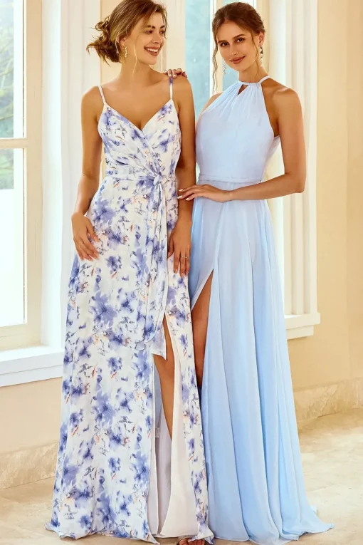 Spaghetti Straps Blue Floral Print Bridesmaid Dress