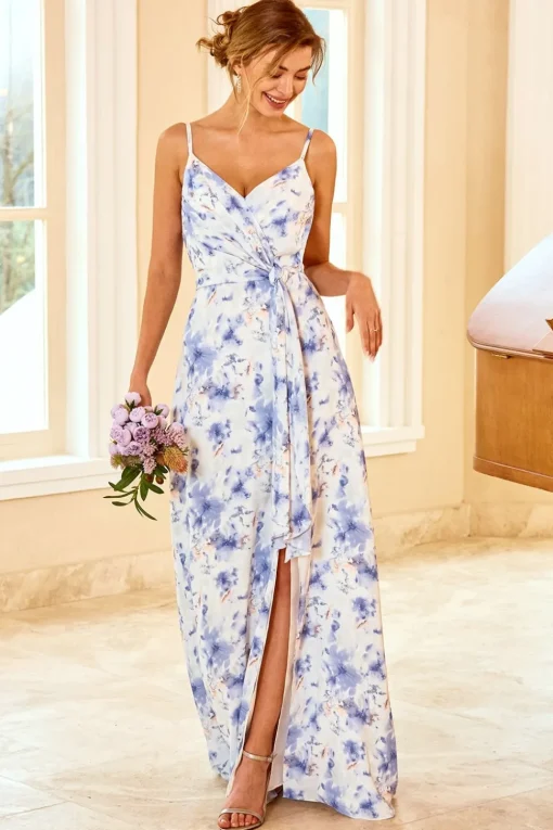 Spaghetti Straps Blue Floral Print Bridesmaid Dress