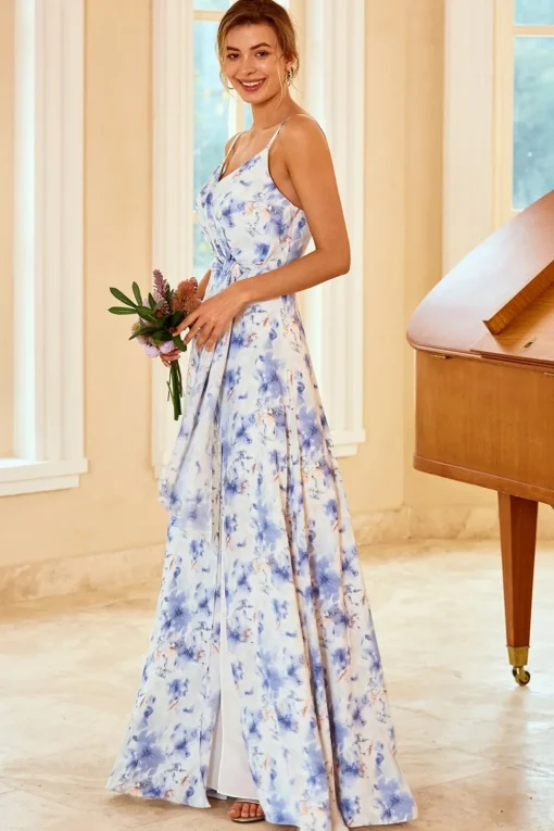 Spaghetti Straps Blue Floral Print Bridesmaid Dress