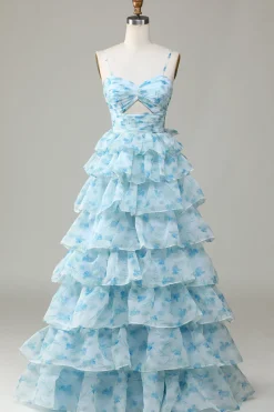Spaghetti Straps Cut Out Tiered Printed Blue Bridesmaid Dress