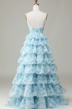 Spaghetti Straps Cut Out Tiered Printed Blue Bridesmaid Dress