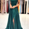 Spaghetti Straps Dark Green Satin Prom Dress with Lace-up Back