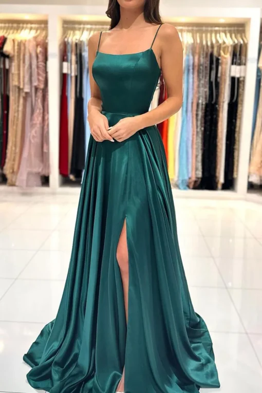 Spaghetti Straps Dark Green Satin Prom Dress with Lace-up Back