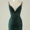 Spaghetti Straps Dark Green Corset Party Dress with Beading