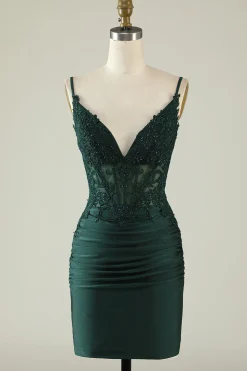 Spaghetti Straps Dark Green Corset Party Dress with Beading
