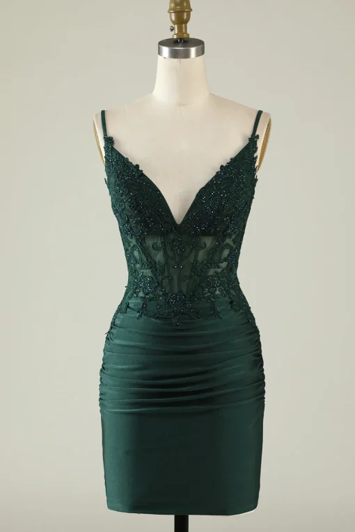 Spaghetti Straps Dark Green Corset Party Dress with Beading