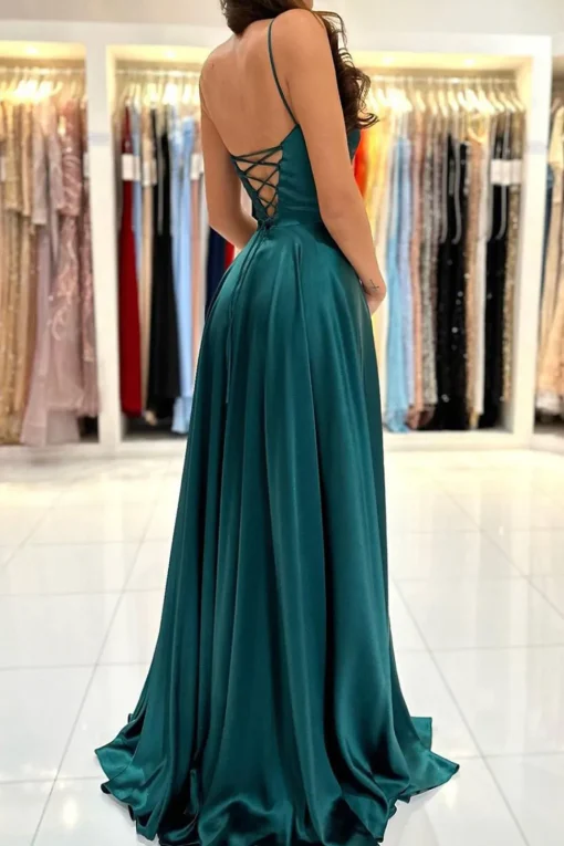 Spaghetti Straps Dark Green Satin Prom Dress with Lace-up Back