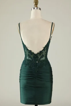 Spaghetti Straps Dark Green Corset Party Dress with Beading