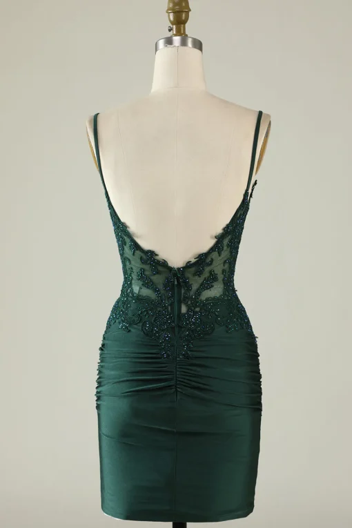 Spaghetti Straps Dark Green Corset Party Dress with Beading