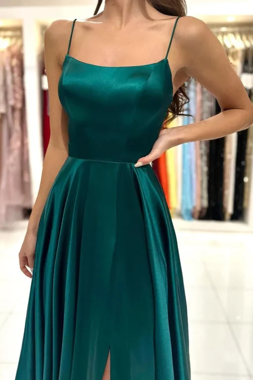 Spaghetti Straps Dark Green Satin Prom Dress with Lace-up Back