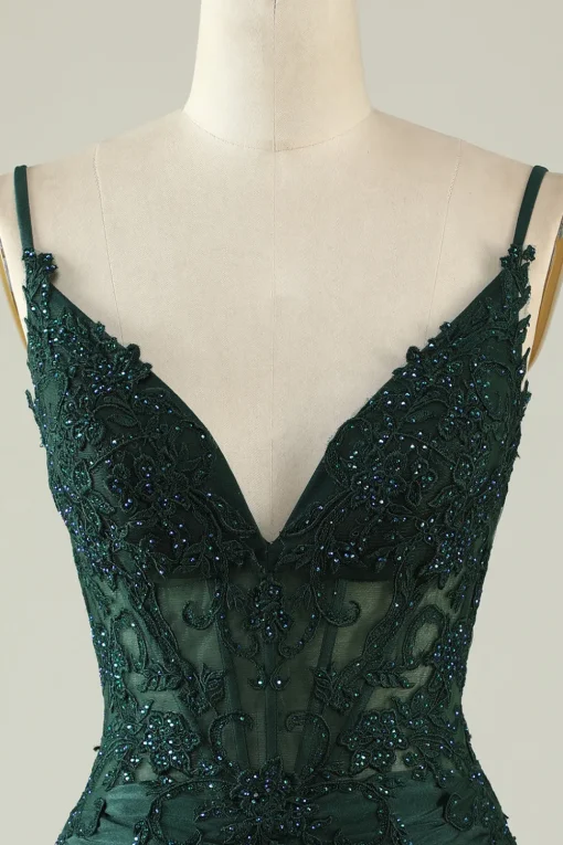 Spaghetti Straps Dark Green Corset Party Dress with Beading