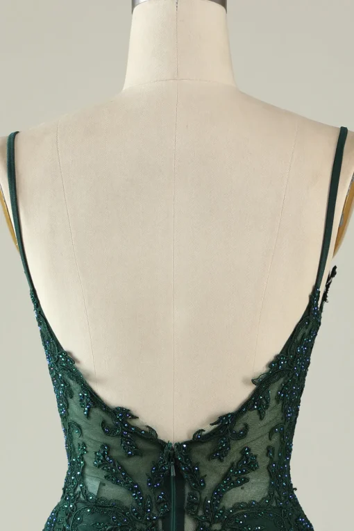 Spaghetti Straps Dark Green Corset Party Dress with Beading