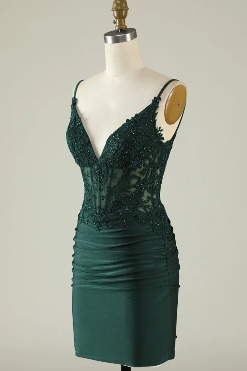 Spaghetti Straps Dark Green Corset Party Dress with Beading