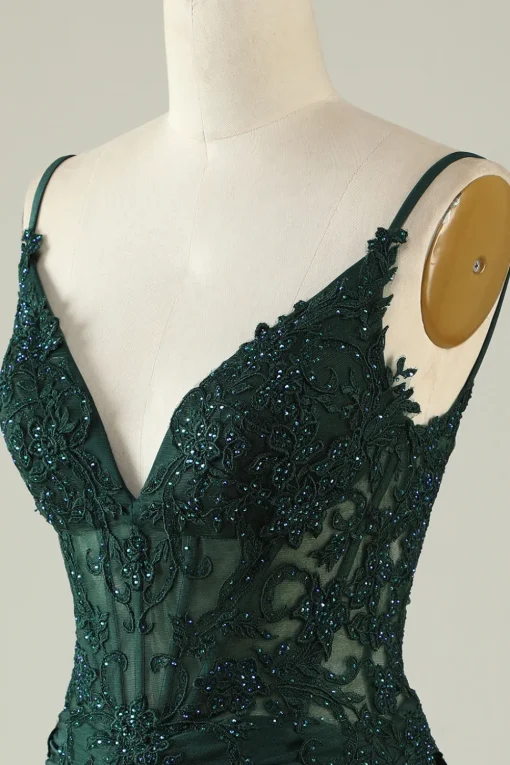 Spaghetti Straps Dark Green Corset Party Dress with Beading