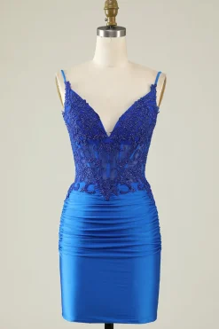 Spaghetti Straps Dark Green Corset Party Dress with Beading