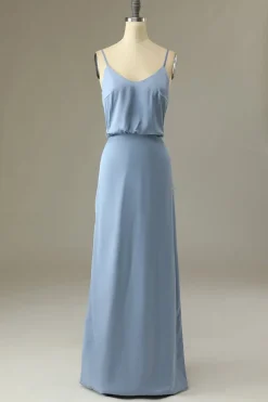 Spaghetti Straps Grey Blue Long Bridesmaid Dress