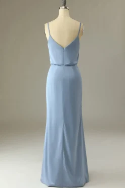 Spaghetti Straps Grey Blue Long Bridesmaid Dress