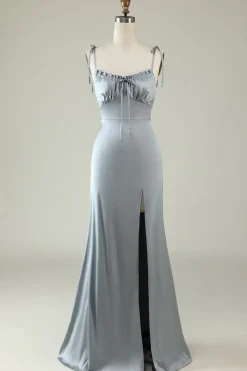 Spaghetti Straps Grey Satin Prom Formal Dress with Slit