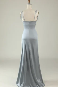Spaghetti Straps Grey Satin Prom Formal Dress with Slit