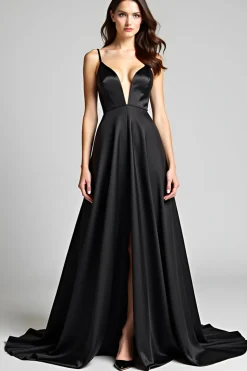 Spaghetti Straps Long Black Tie Dress With Slit