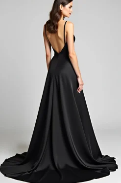 Spaghetti Straps Long Black Tie Dress With Slit