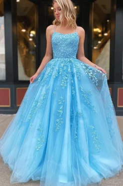 Spaghetti Straps Long Princess Prom Dress with Appliques