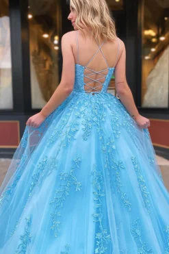 Spaghetti Straps Long Princess Prom Dress with Appliques