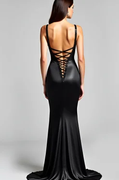 Spaghetti Straps Mermaid Lace Up Back Black Tie Dress
