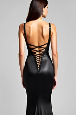 Spaghetti Straps Mermaid Lace Up Back Black Tie Dress